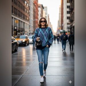 Aerie Argyle Eyelash Knit Sweater Blue Green Oversized Soft Fuzzy M/M Boho Y2K